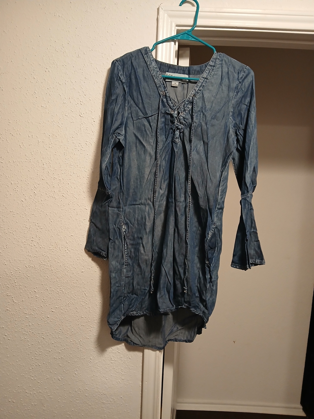 Vintage Havana Lightweight Denim-Look Lace-Up Tunic Dress in Faded Blue
